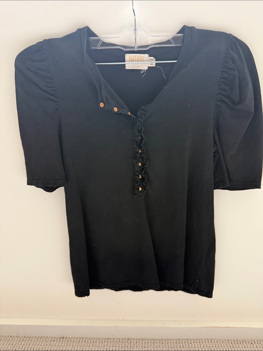 Nation LTD Black Ruffle-Trim Puff Sleeve Henley